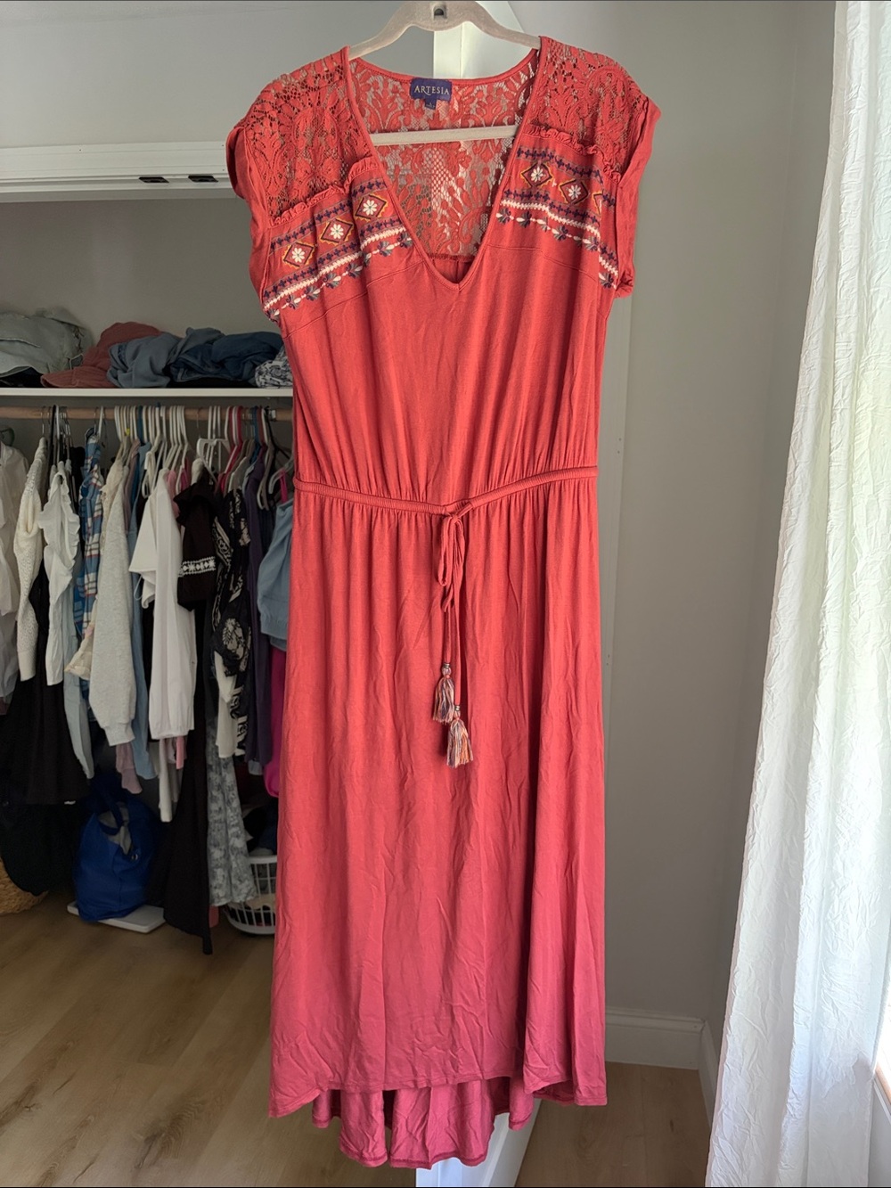 Artesia rust Maxi Dress with Embroidered Yoke and Tassel Waist sz. Large